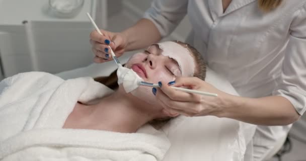 Spa beauty treatment, skincare. Female getting facial nourishing mask by beautician — Stock Video