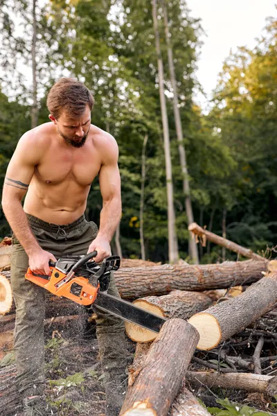 Working hard. firewood at campsite. outdoor activity. strong muscular lumberjack — Stock Photo, Image