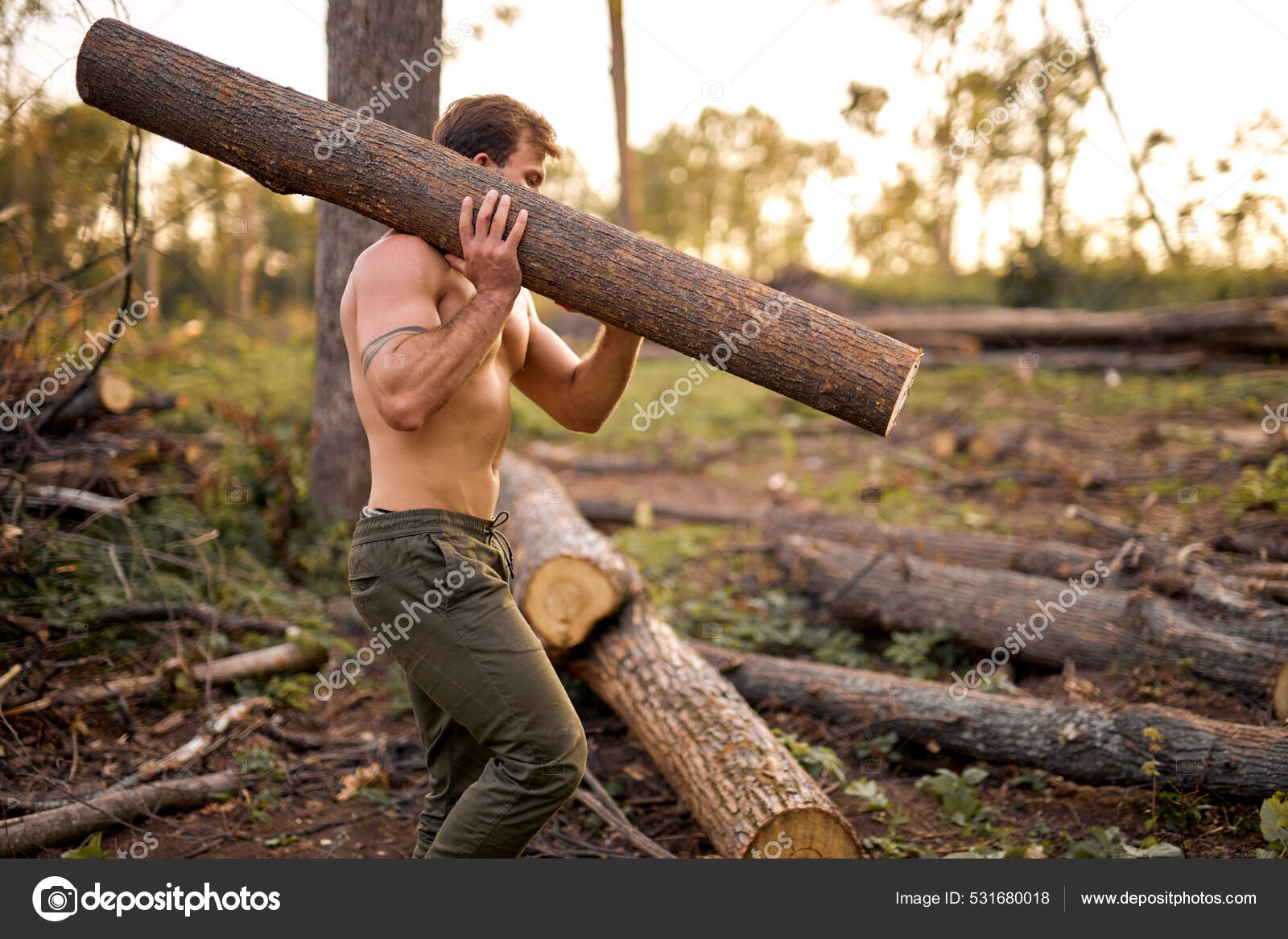 Unge mann bærer stor tømmerstokk på skuldrene og beveger seg opp gjennom  skogen – stockfoto © romanchazov27 #531680018, image size:1600x1167