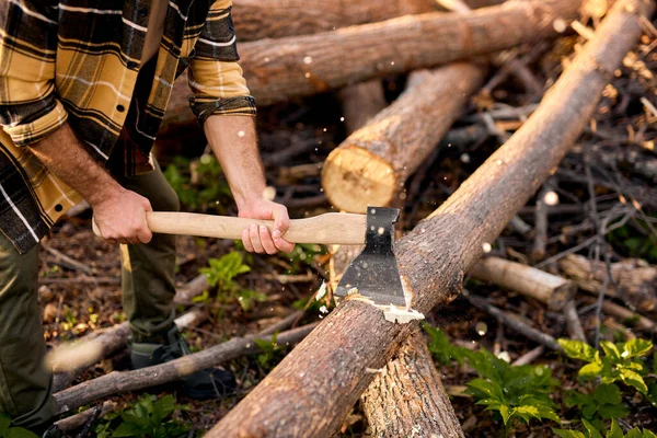 Hardworking man chops wood with ax in forest. guy in work clothes chops tree into logs — Stock Photo, Image