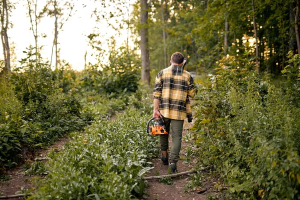 Widok z tyłu na młodego mężczyznę idącego w lesie z piłą łańcuchową do rąbania drzew — Zdjęcie stockowe