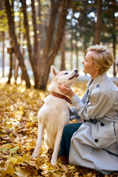 Mulher loira de cabelos curtos no casaco passar o tempo no parque de outono com cão de estimação — Fotografia de Stock