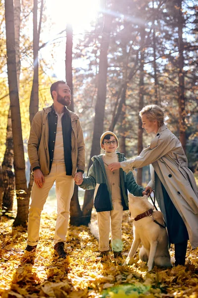 Freundliche Familie mit Kind und Hund im Herbstwald spazieren, angeleinter Hund — Stockfoto