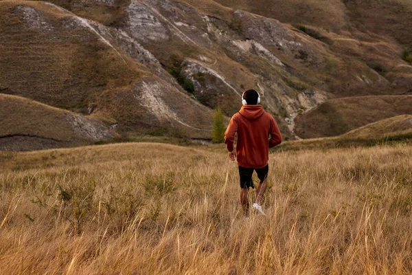 Rückansicht Sportläufer Mann joggt auf Feld zwischen Bergen, schöne Landschaft — Stockfoto