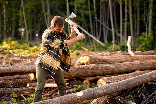 Homem de madeira com machado pesado. Machado em mãos de lenhador, corte ou corte de troncos de madeira — Fotografia de Stock