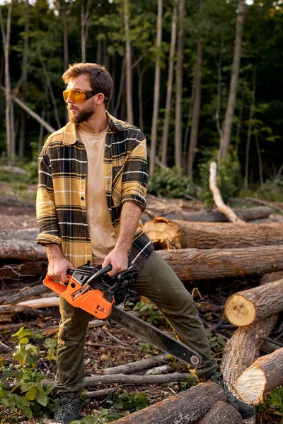 Lumberman vai a ramos de serra com motosserra de árvore derrubada na floresta de verão. — Fotografia de Stock