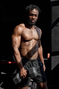 Nice Sexy Shirtless African American Male With Perfect Body Exercising With Dumbbells