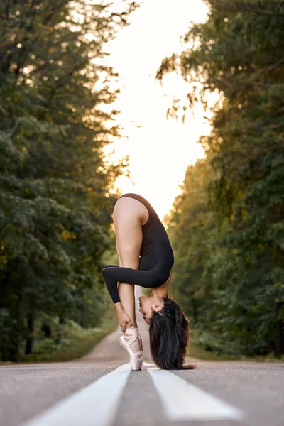 Atraktivní štíhlá baletka pózující s hlavou skloněnou na silnici, v jehličnatém lese. — Stock fotografie