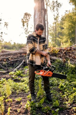 Rahat gömlekli genç oduncu elektrikli testereyle ağaçları kesmeye hazırlanıyor.