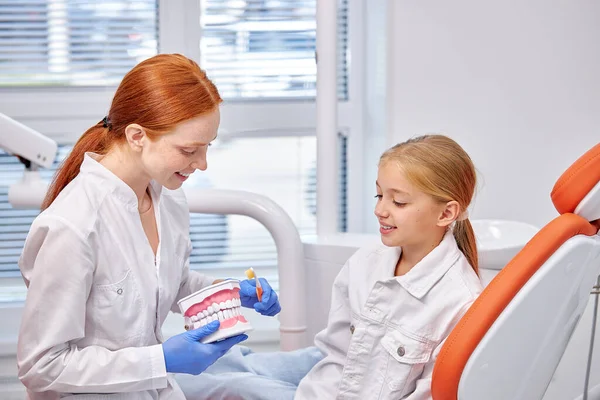 Stomatolog i uniform med käkmaket berättar om vården på tandvårdskliniken — Stockfoto