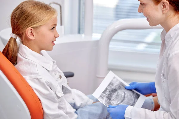 Side View On Kid Girl lyssna på kvinnliga tandläkare, efter att ha talat om tänder behandling — Stockfoto