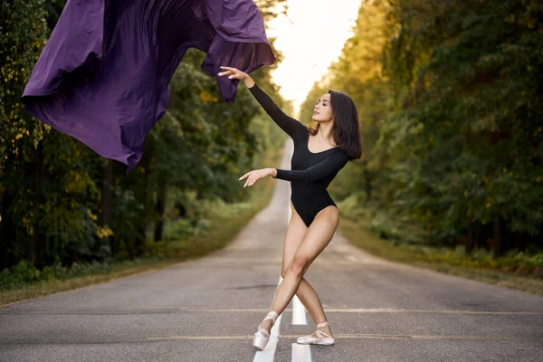 穿着黑色紧身衣的美丽女子芭蕾舞团舞女是飘逸的紫色面料 — 图库照片