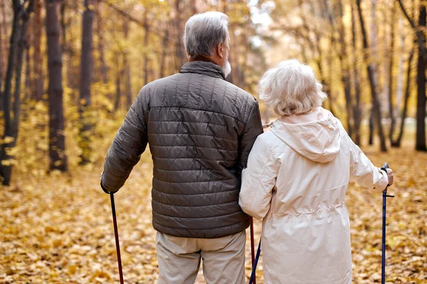 Mulher idosa ativa e homem desfrutando de caminhada nórdica durante a caminhada na floresta com o marido — Fotografia de Stock