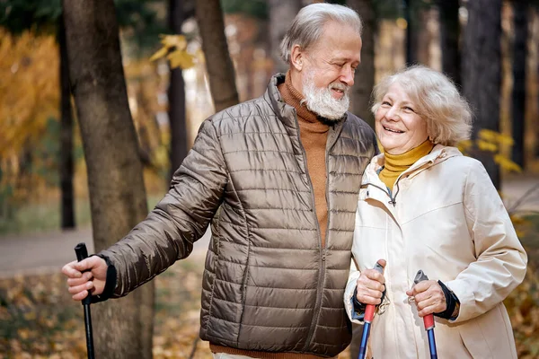 Casal adorável envelhecido estão andando juntos através dos bosques de outono, caminhando nórdico — Fotografia de Stock