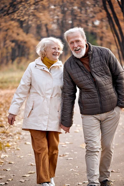 Casal sênior feliz no amor envolvido na caminhada ativa no parque, estação de outono — Fotografia de Stock