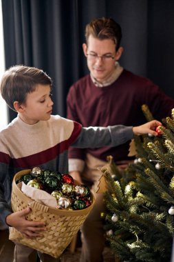 Baba ve oğul Noel ağacı süslüyorlar. Evde oturma odasında komik bir aile var..