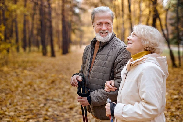 Seniorenpaar wandert im Herbstwald. Ehepartner auf einem Ausflug im Park, genießen Sie die Landschaft — Stockfoto