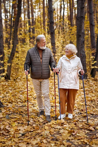 Bom casal de idosos apaixonados envolvidos em caminhada nórdica indo na natureza outono. — Fotografia de Stock