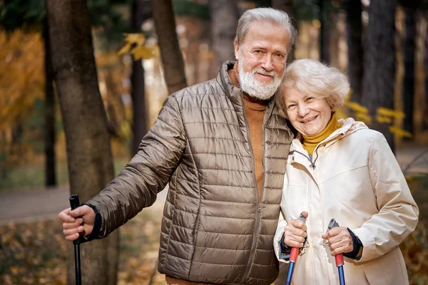 Casal adorável envelhecido estão andando juntos através dos bosques de outono, caminhando nórdico — Fotografia de Stock