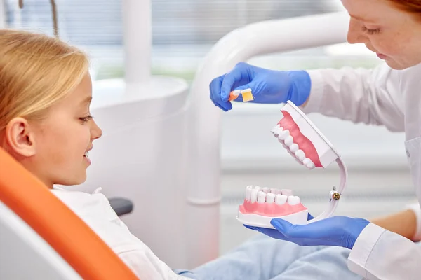 Επαγγελματική γυναίκα οδοντίατρος και παιδί ασθενής συζητά τα δόντια maket, οδοντιατρική γνάθο — Φωτογραφία Αρχείου