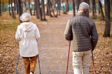 view from back on gray haired mature couple in coats enjoying health-promoting physical activity using walking poles having excited joyful facial expression, breathing fresh air in autumn nature