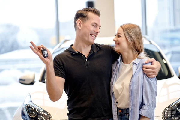 Happy Caucasian Heterosexual Couple Family Husband Wife Hugging Embracing Buying — Stockfoto