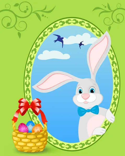 Easter bunny and basket full of colored eggs — Stock Vector
