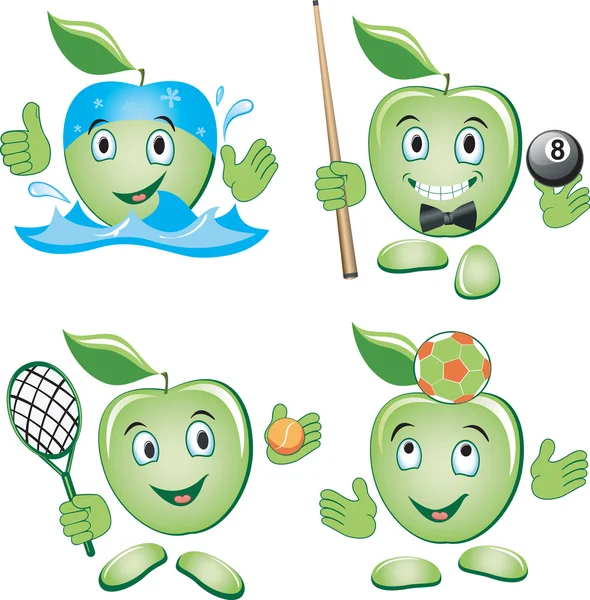 Cartoon apple doing Sport and Leisure games — Stock Vector