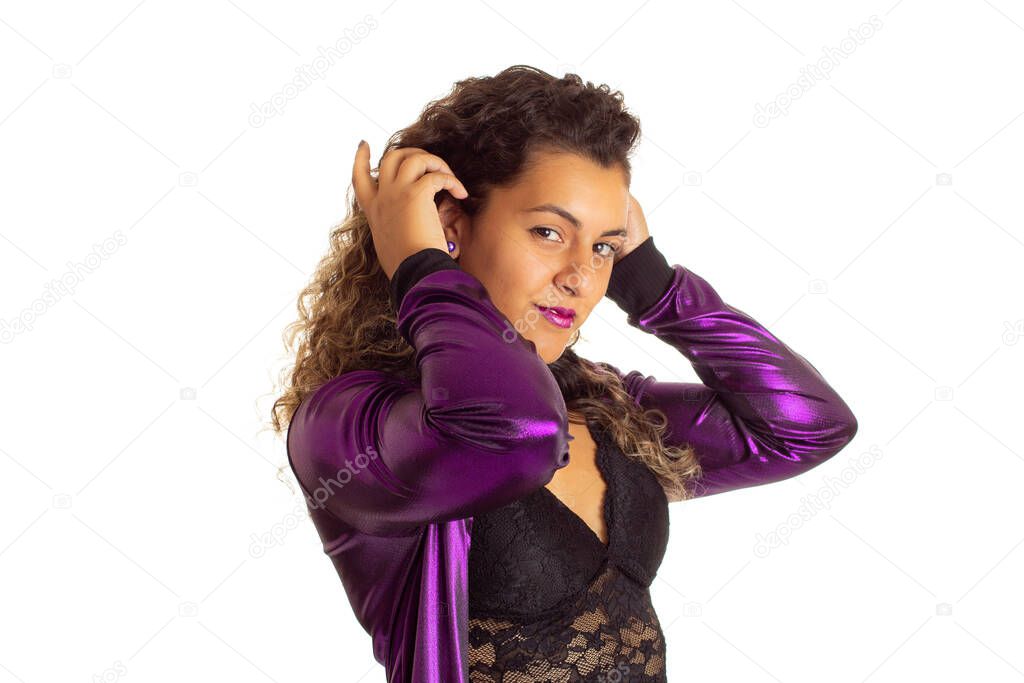 Black curly hair girl posing for photo. looking interested at camera. Isolated on white background.