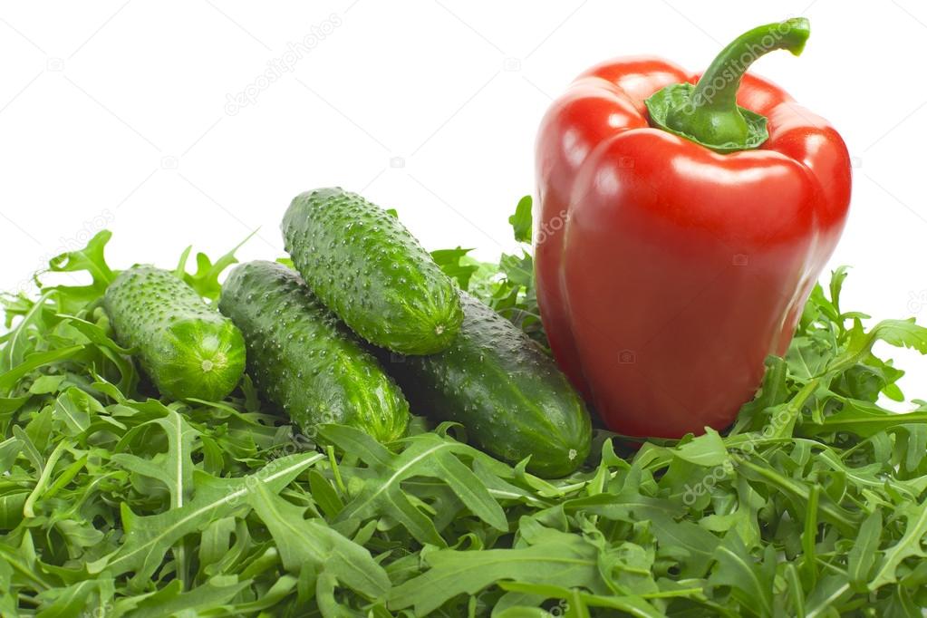 sweet red bell pepper, cucumbers and tomatoes with lettuce