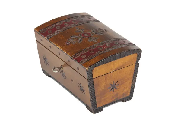 Old scratched wooden casket with an ornament on a white backgrou — Stock Photo, Image