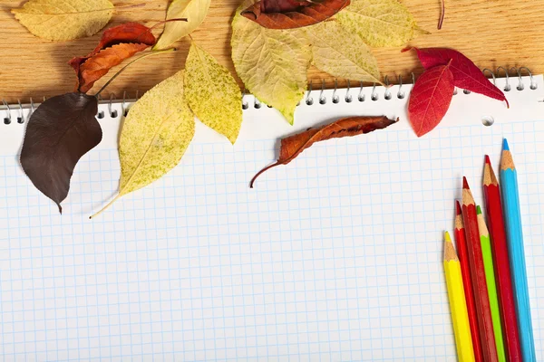 Cuaderno con lápices de colores y hojas de otoño sobre un oleaje de madera — Foto de Stock