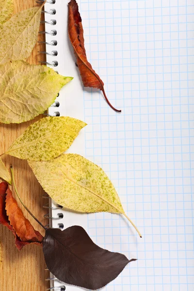 Notitieboekje met kleurpotloden en de herfst bladeren op een houten surf — Stockfoto