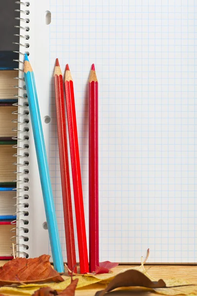 Ноутбук с цветными карандашами и осенними листьями на деревянном серфе — стоковое фото