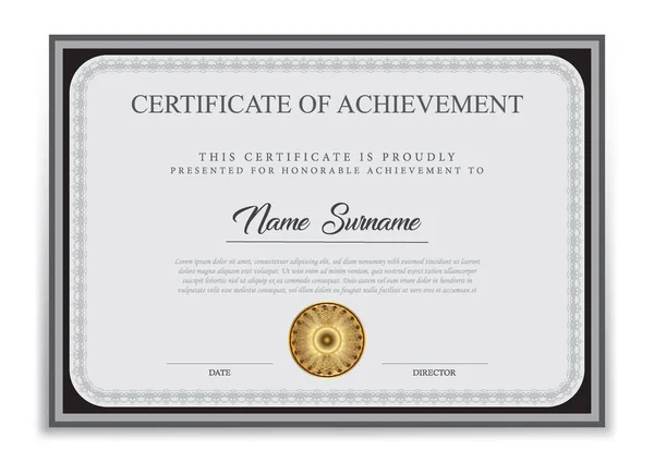 Сертифікат Шаблону Досягнень Чорний Сірий Чистий Сучасний Сертифікат Золотим Значком — стоковий вектор