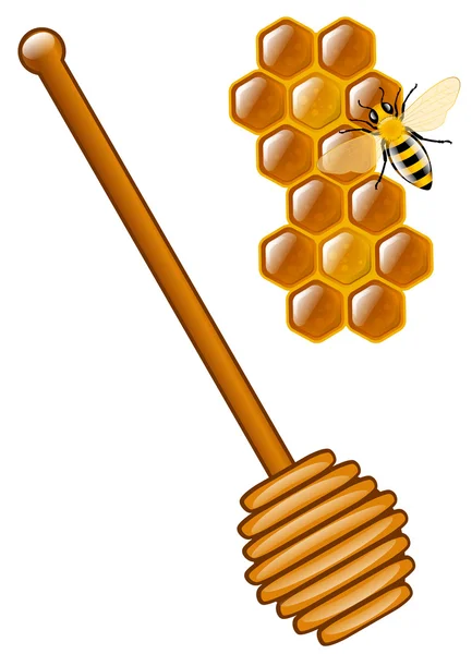 Honung pinne med ett bi och honungskakor — Stock vektor