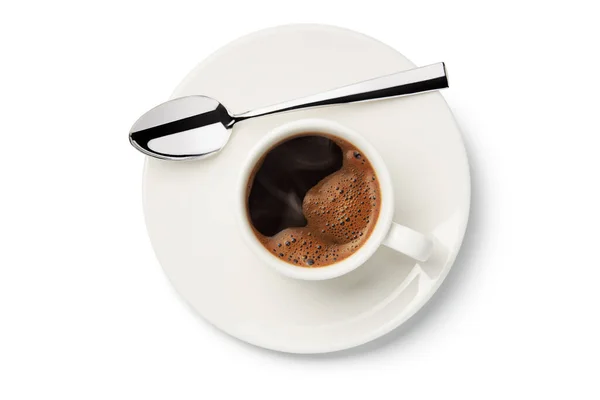 Taza Café Negro Con Platillo Sobre Fondo Blanco Vista Superior — Foto de Stock