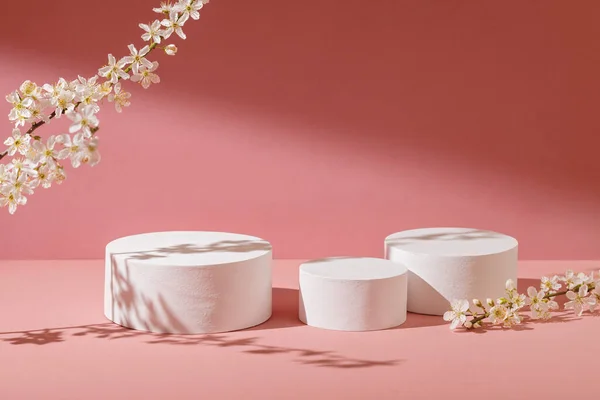 Pódios Brancos Vazios Com Flores Fundo Rosa Pastel Pódio Geométrico — Fotografia de Stock