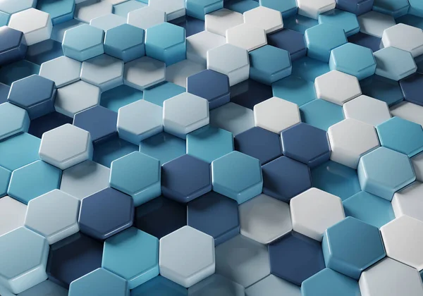 Abstract hexagon background. Many blue and white hexagons, various heights.3D rendering.