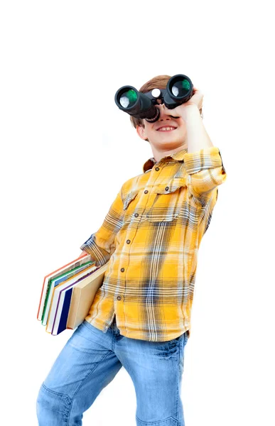 Rapaz olha para binocular — Fotografia de Stock