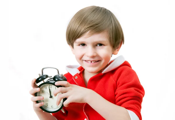 Santa boy with clock — Stock Photo, Image