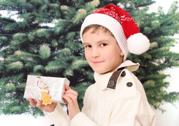 Boy holds christmas presen — Stock Photo, Image