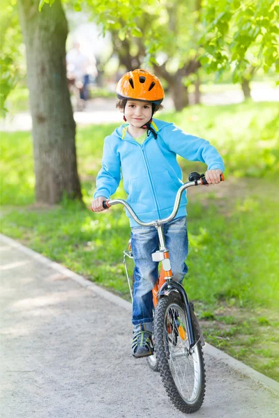 Piccolo ragazzo in bicicletta in un parco estivo — Foto Stock