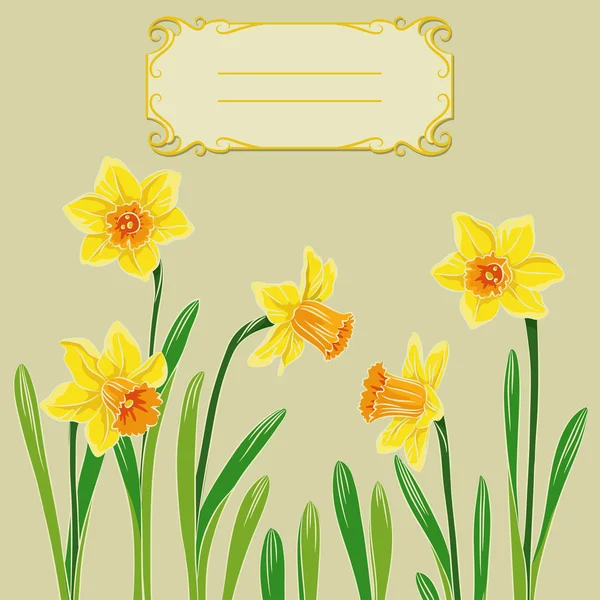 Kort med påsk daffodil i centrum och ram — Stock vektor