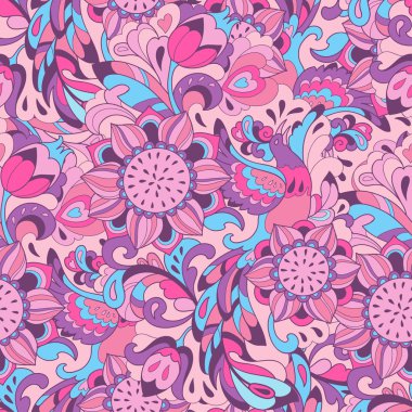 Pink blue pattern with bird Phoenix and sunflower clipart