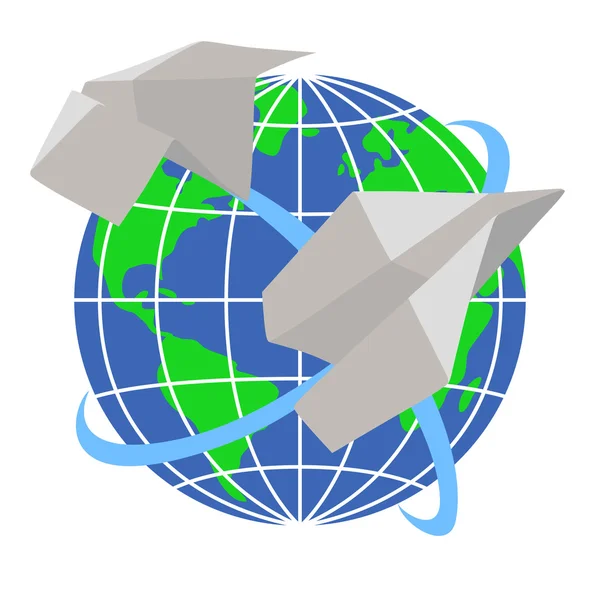 纸飞机环绕地球飞行 — 图库矢量图片