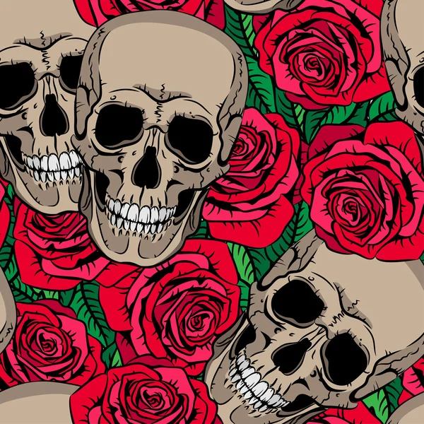 Motif sans couture avec crânes et roses rouges — Image vectorielle
