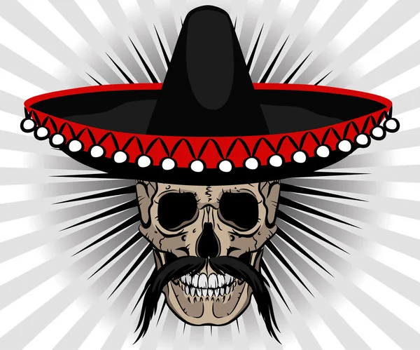 Schedel in Mexicaanse stijl met sombrero en snor — Stockvector