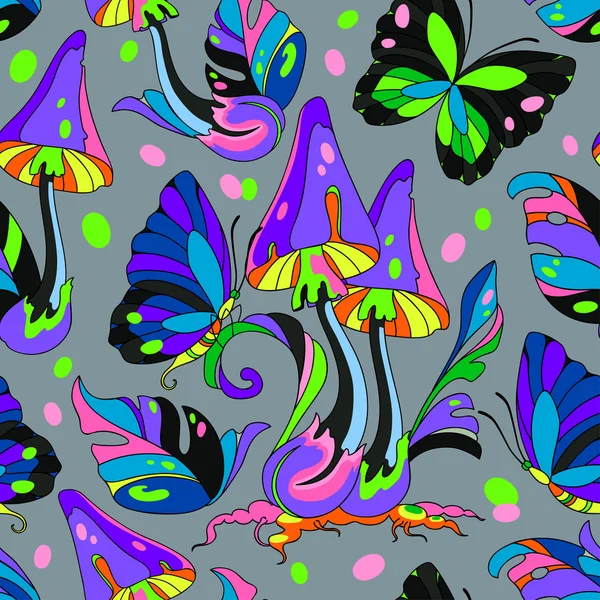 Pilz und Schmetterling nahtlose Muster — Stockvektor