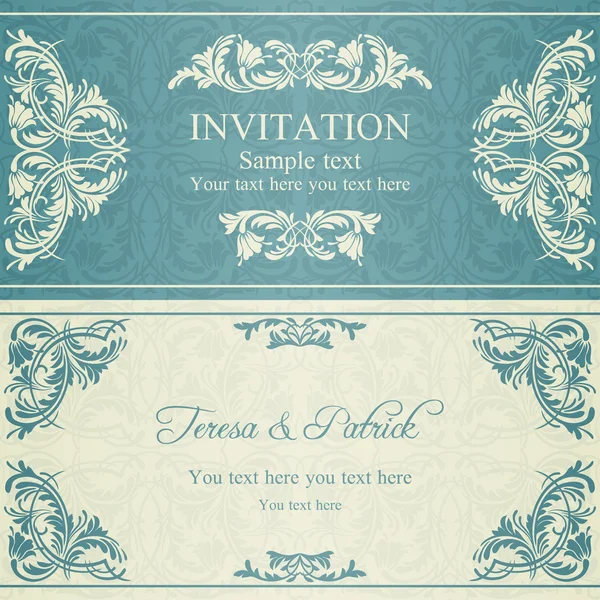 Invitación barroca, azul y beige — Vector de stock